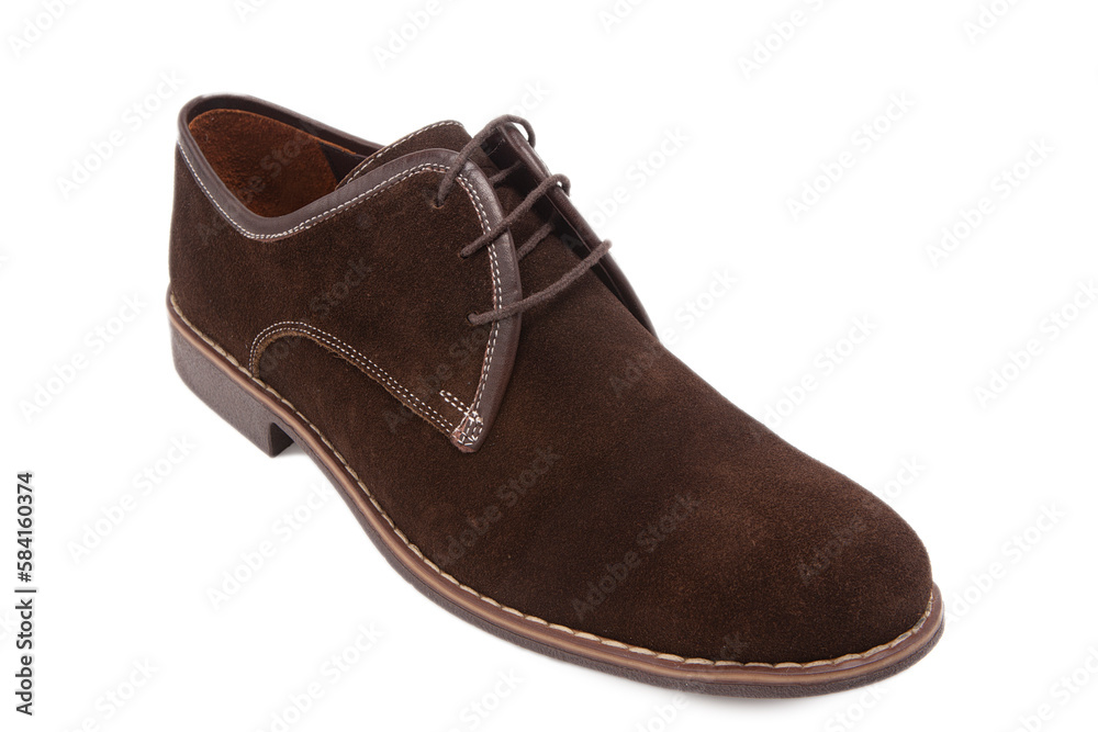Closeup of New Brown Suede Mens Shoes Over White Closeup of New Brown Suede Mens Shoes Over White