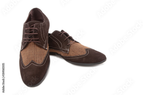Closeup of New Brown Suede Mens Shoes Over White Background.