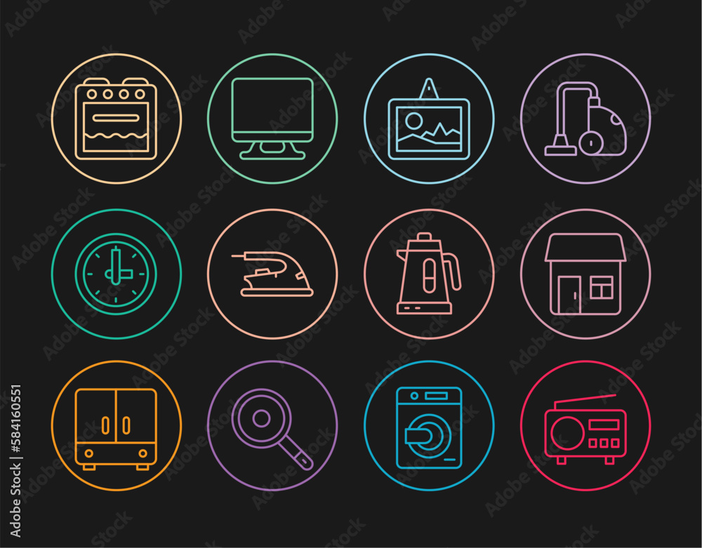 Set line Radio, House, Picture, Electric iron, Clock, Oven, kettle and Smart Tv icon. Vector Set line Radio, House, Picture, Electric iron, Clock, Oven, kettle and Smart Tv icon. Vector