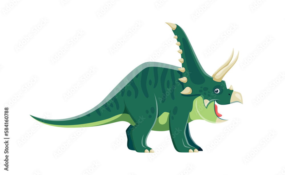 Obraz premium Cartoon Chasmosaurus dinosaur character. Extinct lizard, Jurassic era animal or paleontology creature. Prehistoric monster, ancient wildlife herbivore dinosaur comical vector personage with horns
