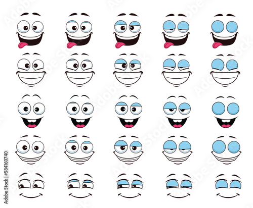 Cartoon face and blink laugh giggle eye animation. Vector happy smiling character facial expression animated sprite sheet. Funny personage with sticking tongue and open mouth express positive emotions