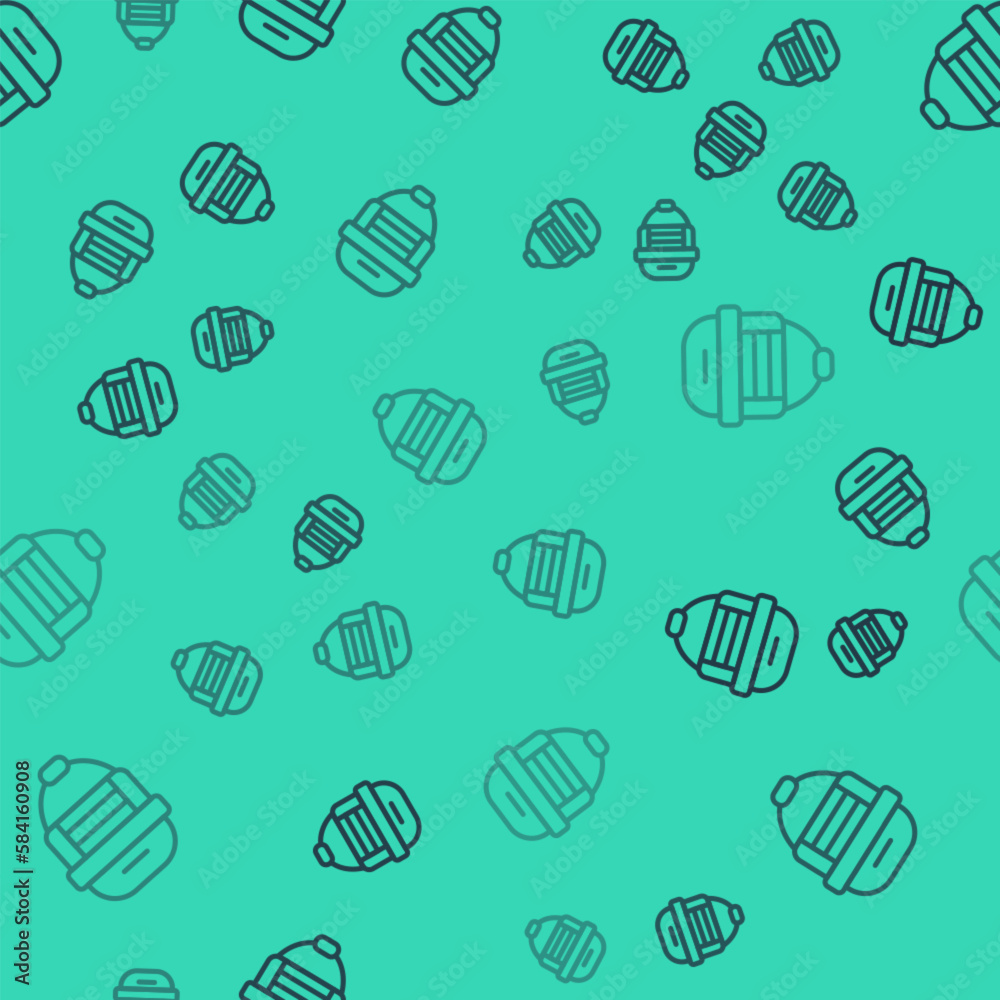 Black line Hockey helmet icon isolated seamless pattern on green background. Vector Black line Hockey helmet icon isolated seamless pattern on green background. Vector