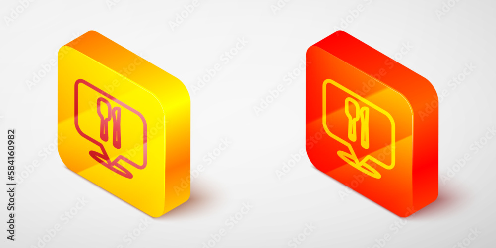Isometric line Cafe and restaurant location icon isolated on grey background. Fork and spoon eatery sign inside pinpoint. Yellow and orange square button. Vector. Isometric line Cafe and restaurant location icon isolated on grey background. Fork and spoon eatery sign inside pinpoint. Yellow and orange square button. Vector.