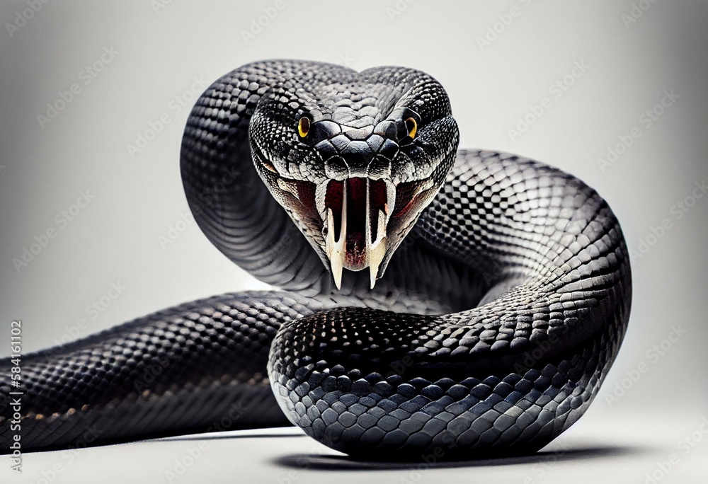 Deadly black mamba snake in aggressive stance ready to strike, white ...