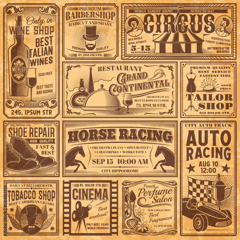 Vintage newspaper banners, old advertising. Vector retro ads posters with services barbershop, shoe repair, perfume salon, wine, tobacco and tailor shops. Circus, restaurant, horse and auto racing