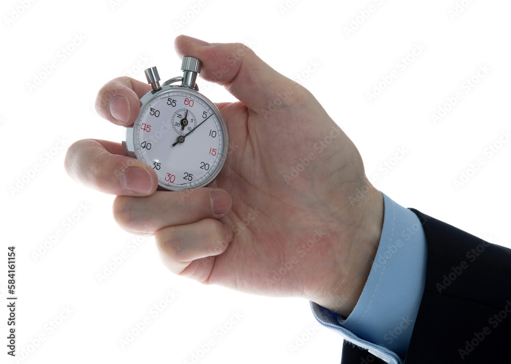 Businessman hand holding stopwatch on white background Businessman hand holding stopwatch on white background