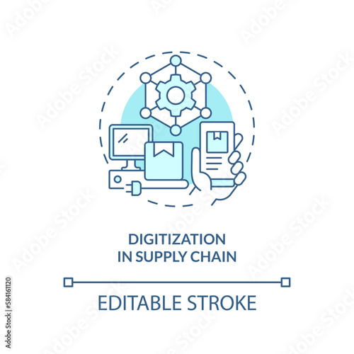 Digitization in supply chain turquoise concept icon. Key strategy of distribution abstract idea thin line illustration. Isolated outline drawing. Editable stroke. Arial, Myriad Pro-Bold fonts used