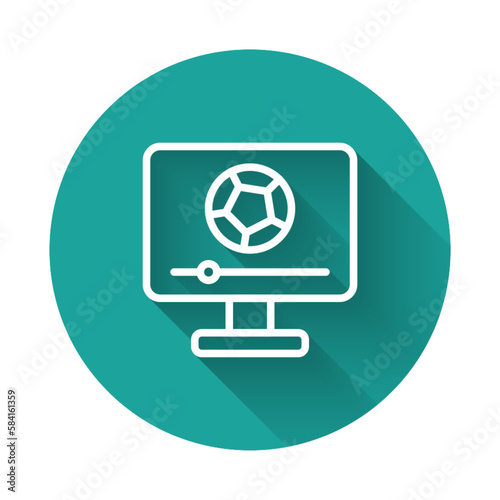 White line Football soccer match on TV icon isolated with long shadow background. Football online concept. Green circle button. Vector
