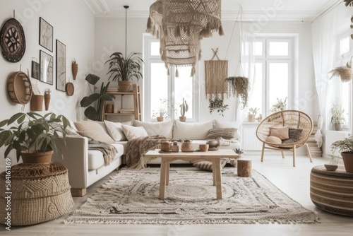 Boho chic living room. Decorating idea. Generative AI