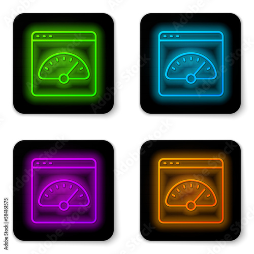 Glowing neon line Digital speed meter icon isolated on white background. Global network high speed connection data rate technology. Black square button. Vector