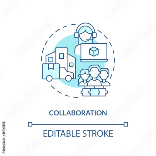 Fototapeta Naklejka Na Ścianę i Meble -  Collaboration turquoise concept icon. Logistics organizations. Disruption action plan abstract idea thin line illustration. Isolated outline drawing. Editable stroke. Arial, Myriad Pro-Bold fonts used