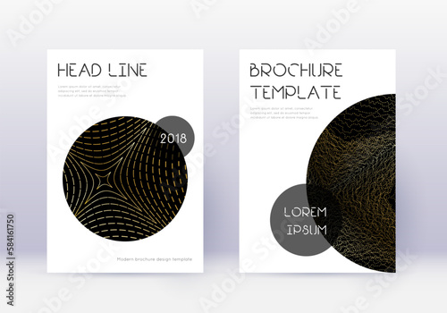 Trendy cover design template set. Gold abstract lines on black background. Flawless cover design. Fascinating catalog, poster, book template etc.