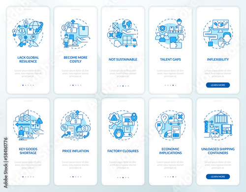 Supply chain disruptions blue onboarding mobile app screen. Logistics walkthrough 4 steps editable graphic instructions with linear concepts. UI, UX, GUI template. Myriad Pro-Bold, Regular fonts used