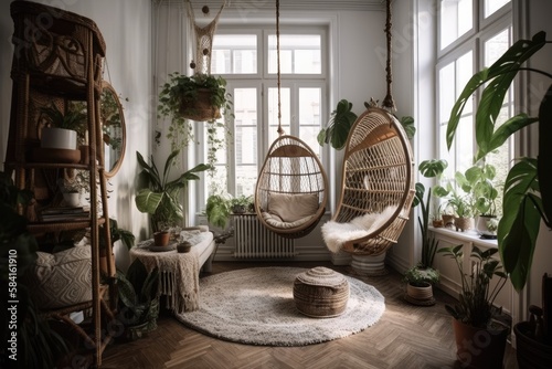 Rattan potted plants, lace hanging chair, and white Boho living room. Parquet and dark wooden shutters. Bohemian farmhouse decor,. Generative AI © AkuAku