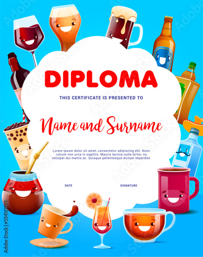 Sommelier and taster diploma with cartoon drinks and beverage characters. Vector certificate with cute tea, coffee, beer and wine, tequila, pulque and cocktail or bubble tea mug and bottle personages