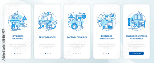 Supply chain disruption issues blue onboarding mobile app screen. Walkthrough 3 steps editable graphic instructions with linear concepts. UI, UX, GUI template. Myriad Pro-Bold, Regular fonts used