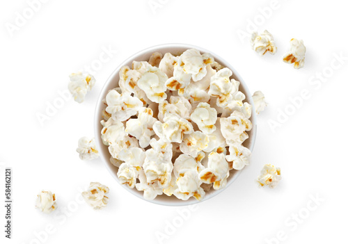 Popcorn bucket top view. Realistic 3d vector pop corn in paper bucket or cup with scattered flakes or kernels around. Sweet or salted caramel fast food for cinema movie, isolated tasty crunchy snack