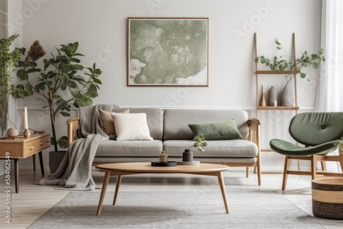 Minimalist living room with gray couch, wooden coffee table, sculpture, plaid, imitation poster frame, purse, and stylish accessories. Interior design. Template Usable. Generative AI © AkuAku