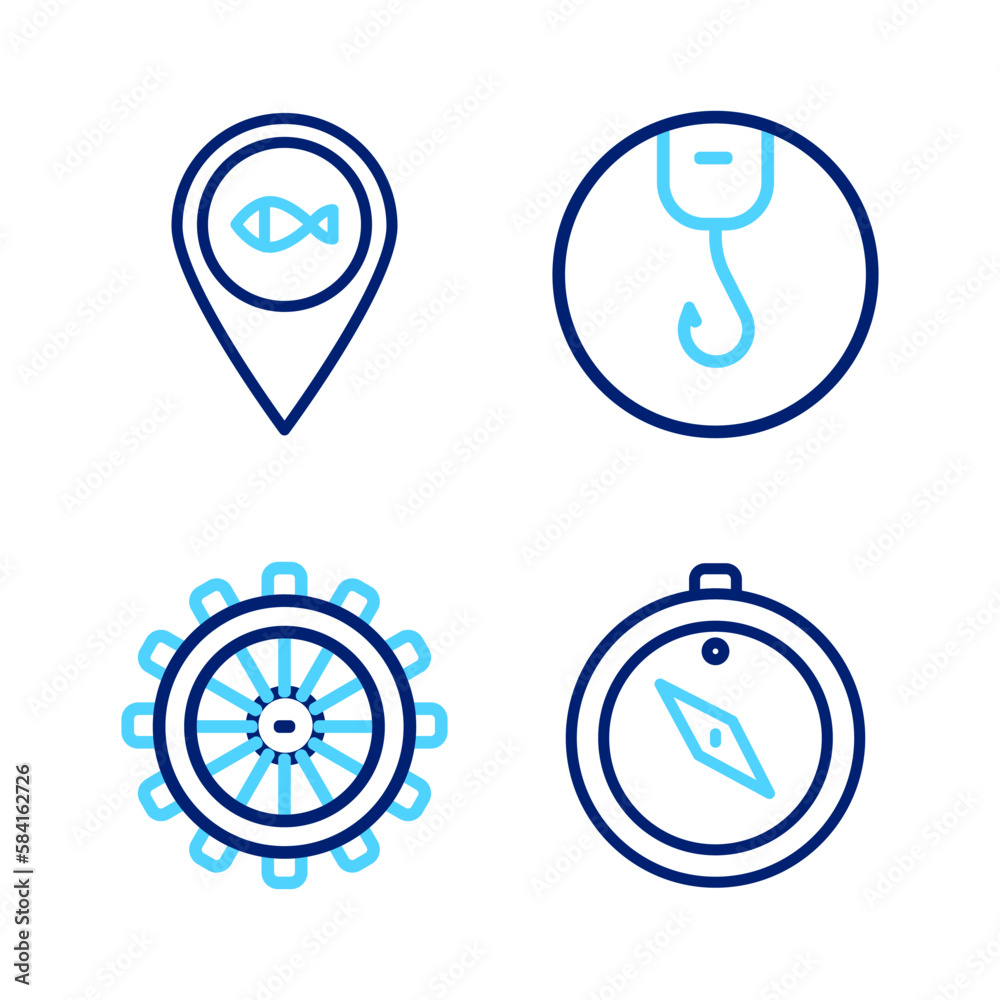 Set line Compass, Ship steering wheel, Fishing hook and Location fishing icon. Vector Set line Compass, Ship steering wheel, Fishing hook and Location fishing icon. Vector