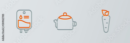 Set line Carrot, IV bag and Kettle with handle icon. Vector