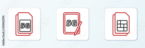 Set line Sim card, 5G Card and Graphic tablet with icon. Vector