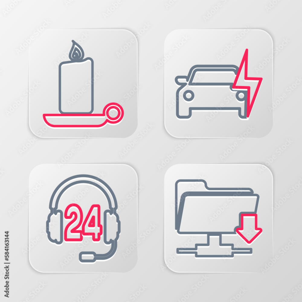 Set line FTP folder download, Headphone for support, Electric car and Burning candle in candlestick icon. Vector Set line FTP folder download, Headphone for support, Electric car and Burning candle in candlestick icon. Vector