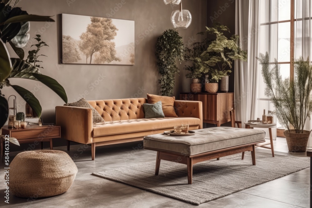 Fototapeta premium Design beige couch, glass coffee table, plants, and attractive personal items in living room decor. Comfortable flat. Decor. Generative AI