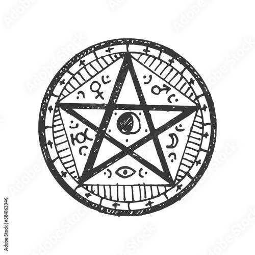 Esoteric and astrology mystic sign with moon, witchcraft sacred sign. Vector ritual circle with pentagram star, tribal occultism, rune and chakra symbol photo