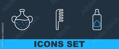Set line Spray can for hairspray, Essential oil bottle and Hairbrush icon. Vector