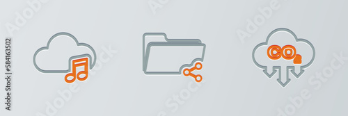Set line CO2 emissions in cloud, Music streaming service and Share folder icon. Vector