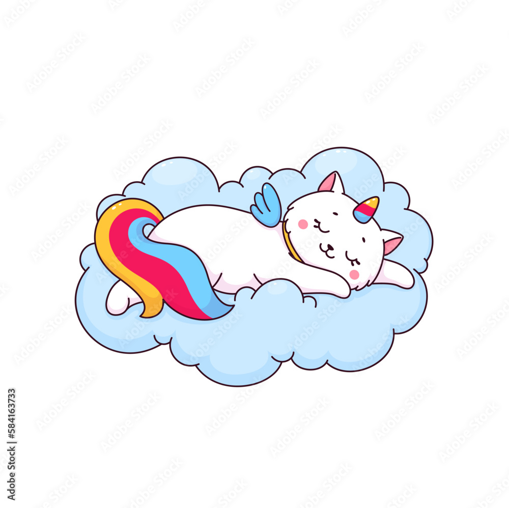 Cartoon cute caticorn character. Vector white unicorn cat sleeping on soft fluffy cloud. Kawaii magic kitten personage with colorful rainbow tail, horn and wings. Funny fairytale kitty sleep in sky Cartoon cute caticorn character. Vector white unicorn cat sleeping on soft fluffy cloud. Kawaii magic kitten personage with colorful rainbow tail, horn and wings. Funny fairytale kitty sleep in sky