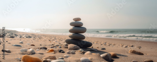 Picture of Zen with a pile of pebbles on a sandbar towards the water. Concept of a beautiful  serene sunrise with a cairn - Generative AI