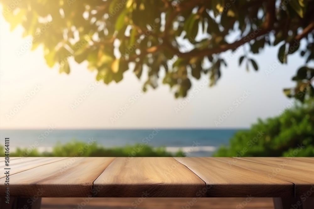 Empty wood table with free space, tree leaves on both sides, blurred farm in background. Empty wood table with free space, tree leaves on both sides, blurred farm in background.