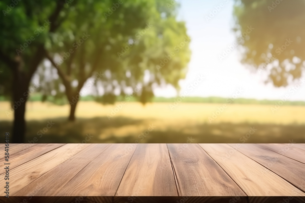 Empty wood table with free space, tree leaves on both sides, blurred farm in background. Empty wood table with free space, tree leaves on both sides, blurred farm in background.