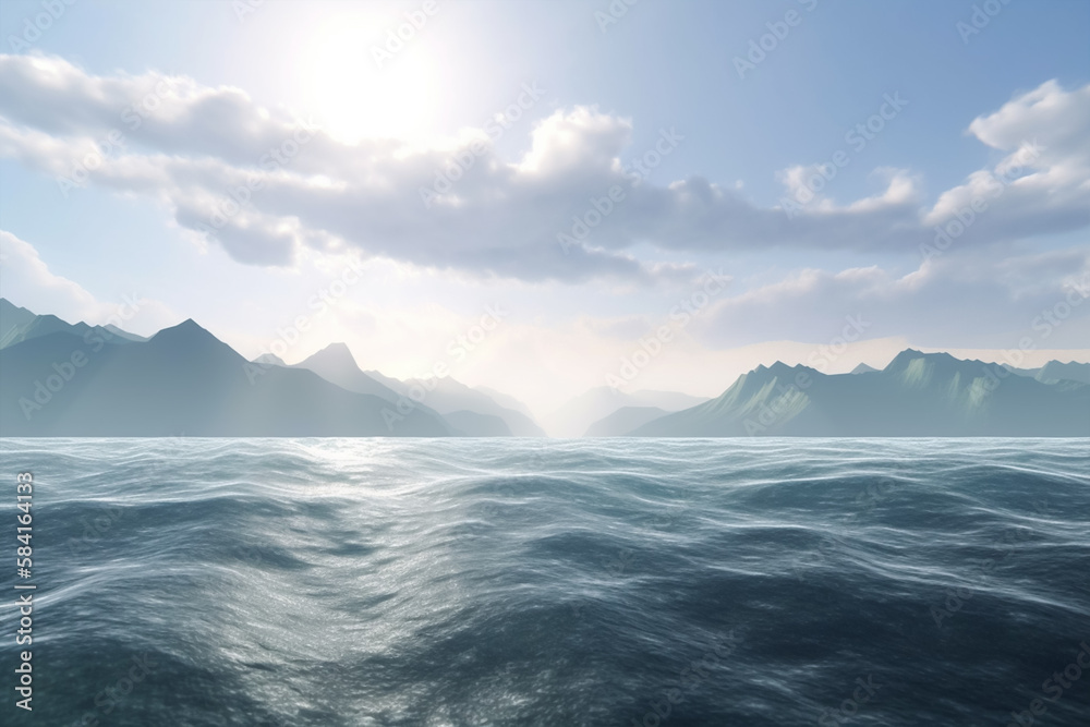 ocean Sea view cool mountain in background, cloudy sky, sunlight ocean Sea view cool mountain in background, cloudy sky, sunlight
