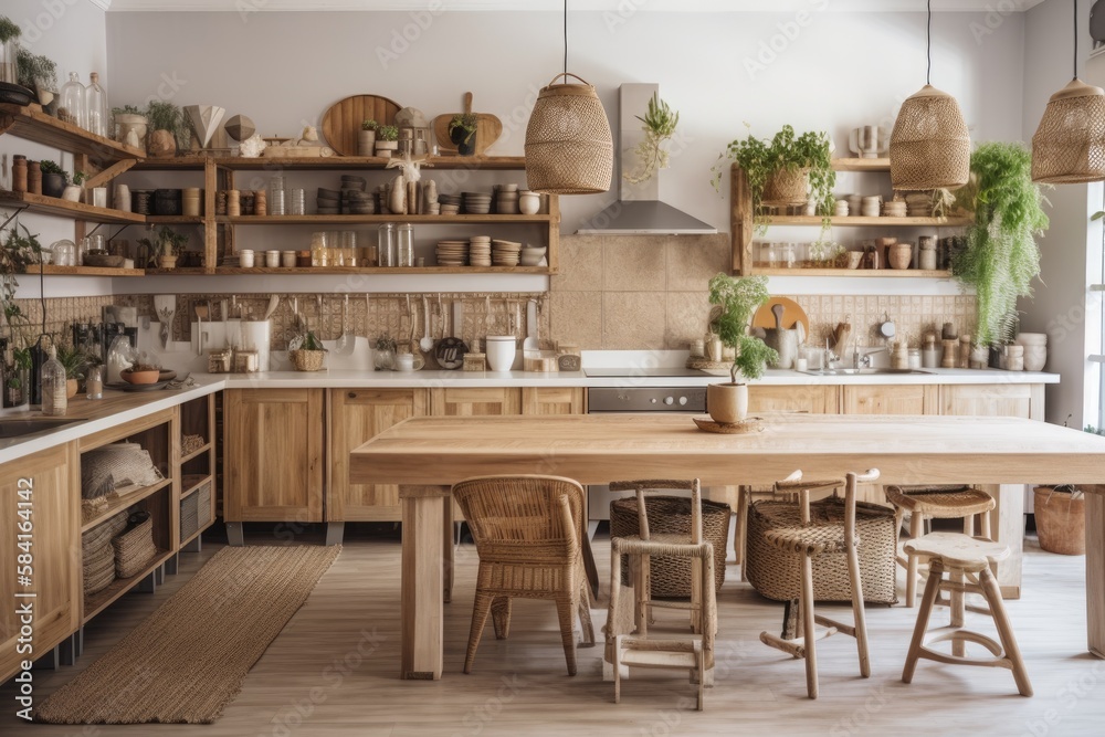 Blurred backdrop, wooden kitchen island and chairs. Shelves, cabinets, and parquet. Farmhouse boho decor,. Generative AI