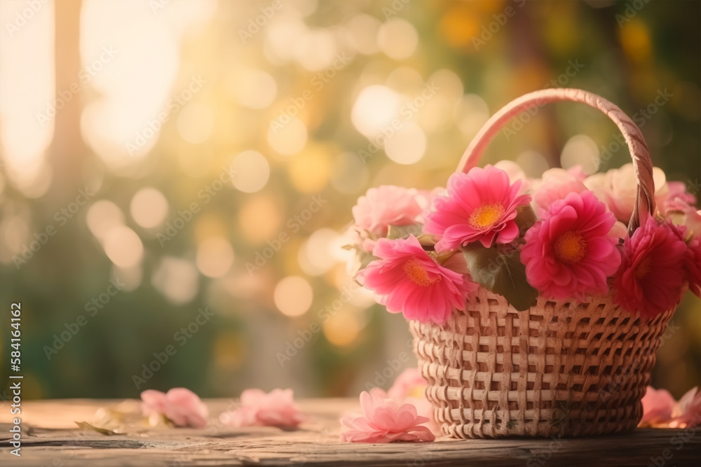 Pink flowers in a basket on a wooden with bokeh background in a vintage retro style, with the sunrise, for the day of love, with copy space. Pink flowers in a basket on a wooden with bokeh background in a vintage retro style, with the sunrise, for the day of love, with copy space.