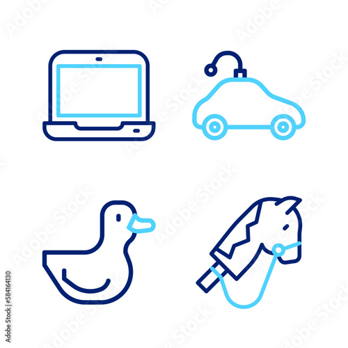 Set line Toy horse, Rubber duck, Radio controlled car toy and Laptop icon. Vector