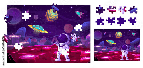 Space and astronaut on planet, jigsaw puzzle game pieces, vector galaxy grid background. Spaceman on planet with UFO, starships and spaceship rockets, kids puzzle jigsaw pieces or game worksheet