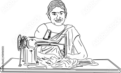 sketch drawing of An Indian rural woman is working on a sewing machine to earn her livelihood, hand drawn line art illustration of village girl is stitching clothes on a sewing machine