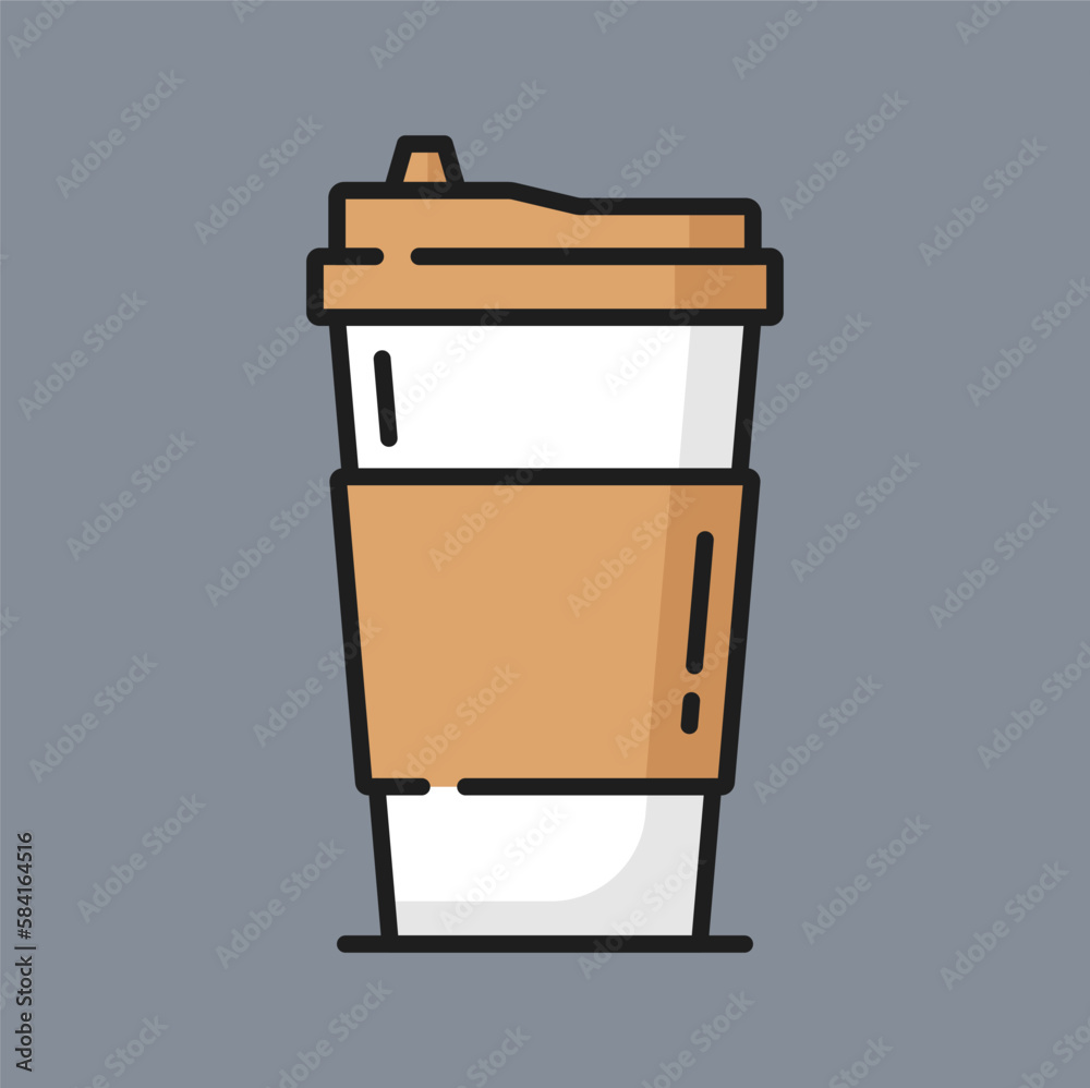Coffee cup with lid isolated color line icon. Vector hot drinks package mockup. Takeout drink in plastic or glass container. Takeaway fastfood beverage Coffee cup with lid isolated color line icon. Vector hot drinks package mockup. Takeout drink in plastic or glass container. Takeaway fastfood beverage