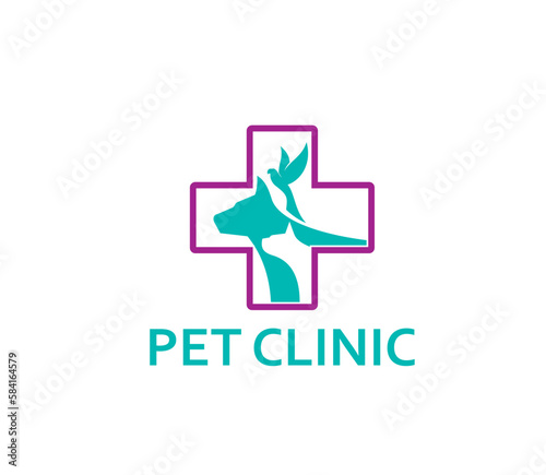 Pet clinic icon, dog, cat and bird in cross, vet hospital or veterinary doctor vector symbol. Veterinarian care, animals health and pet clinic or medical center sign for dogs and cats healthcare