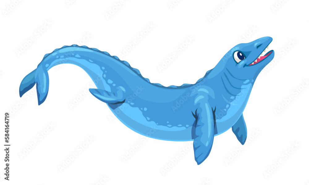 Obraz premium Cartoon basilosaurus dinosaur character. Isolated vector predatory marine wildlife. Prehistoric archaeocete whale from late Eocene. Aquatic animal, reptile with flippers. Water monster lived in ocean