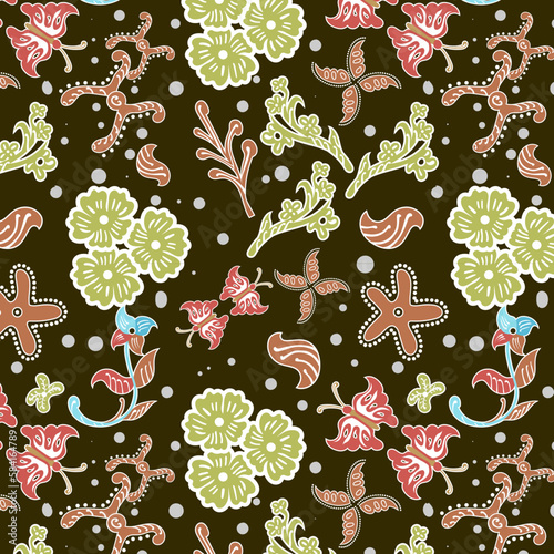 Indonesian batik Decorative floral seamless pattern, fashion background. dyeing applied to whole cloth, or cloth made using this technique originated from Indonesia.