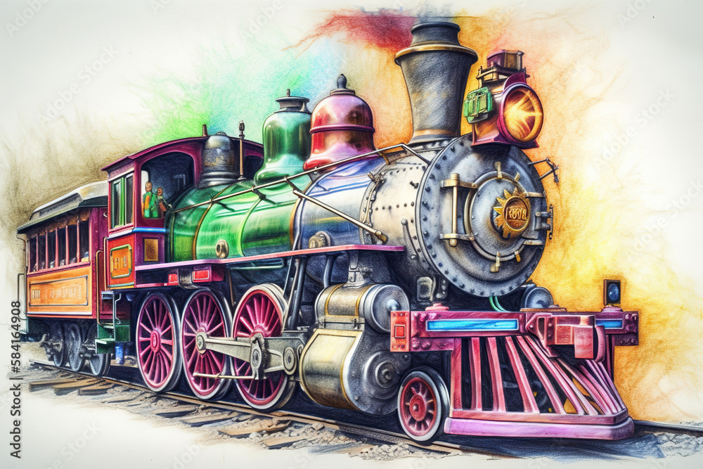 Naklejka premium colorful steam locomotive art, on a white background, Generative AI