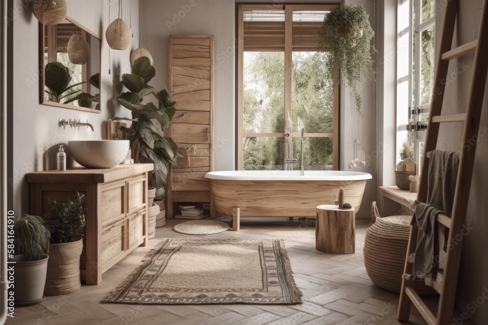 Fototapeta premium Boho scandinavian home decor. Beige bathroom with natural wood furnishings. Generative AI