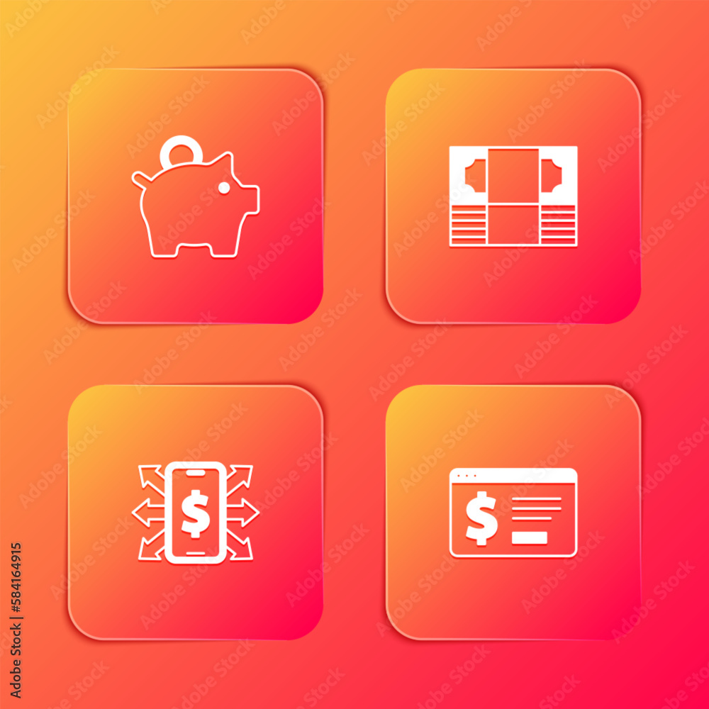 Set Piggy bank, Stacks paper money cash, Smartphone with dollar and Online banking icon. Vector