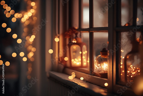 Christmas and New Year's holiday atmosphere evening night a warm inviting ambience general setting a window with a night view and some golden garlands on a wooden table with Generative AI technology