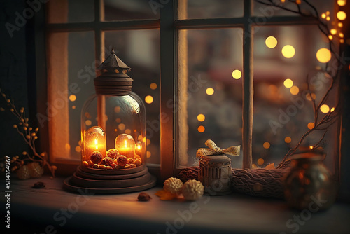 Christmas and New Year's holiday atmosphere evening night a warm inviting ambience general setting a window with a night view and some golden garlands on a wooden table with Generative AI technology