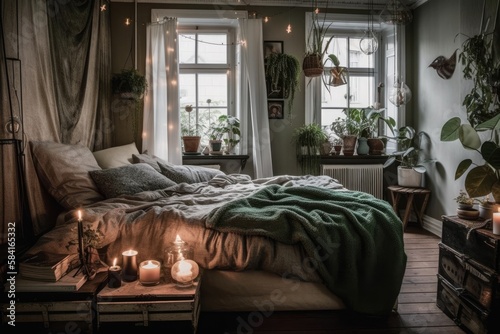 Grey, white, and green bohemian bedroom with candles. Dark grey blanket bed. Generative AI